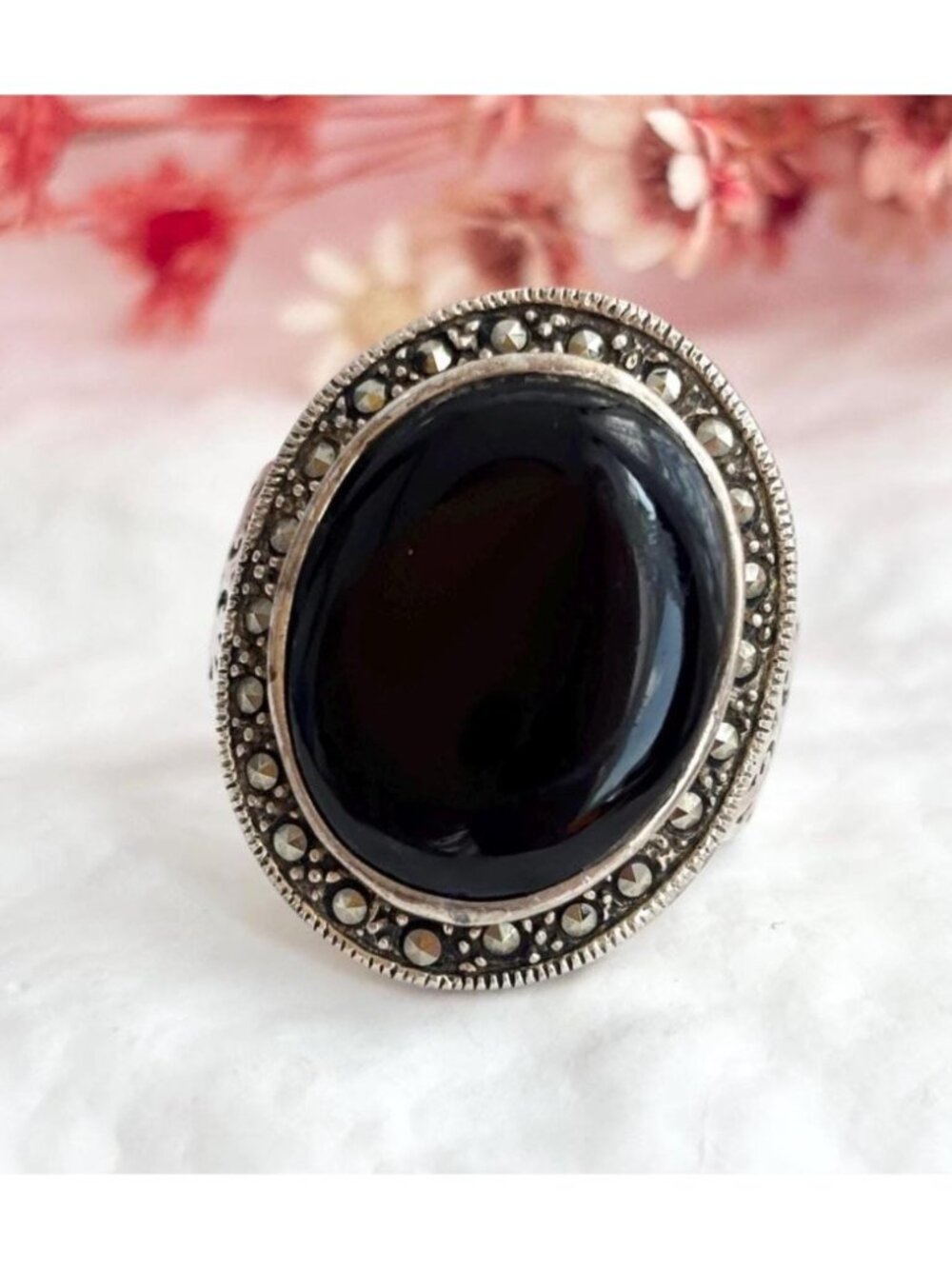 Black Onyx & Marcasite Art Deco Cutout Sterling Silver 925 Vintage Ring - sz 8